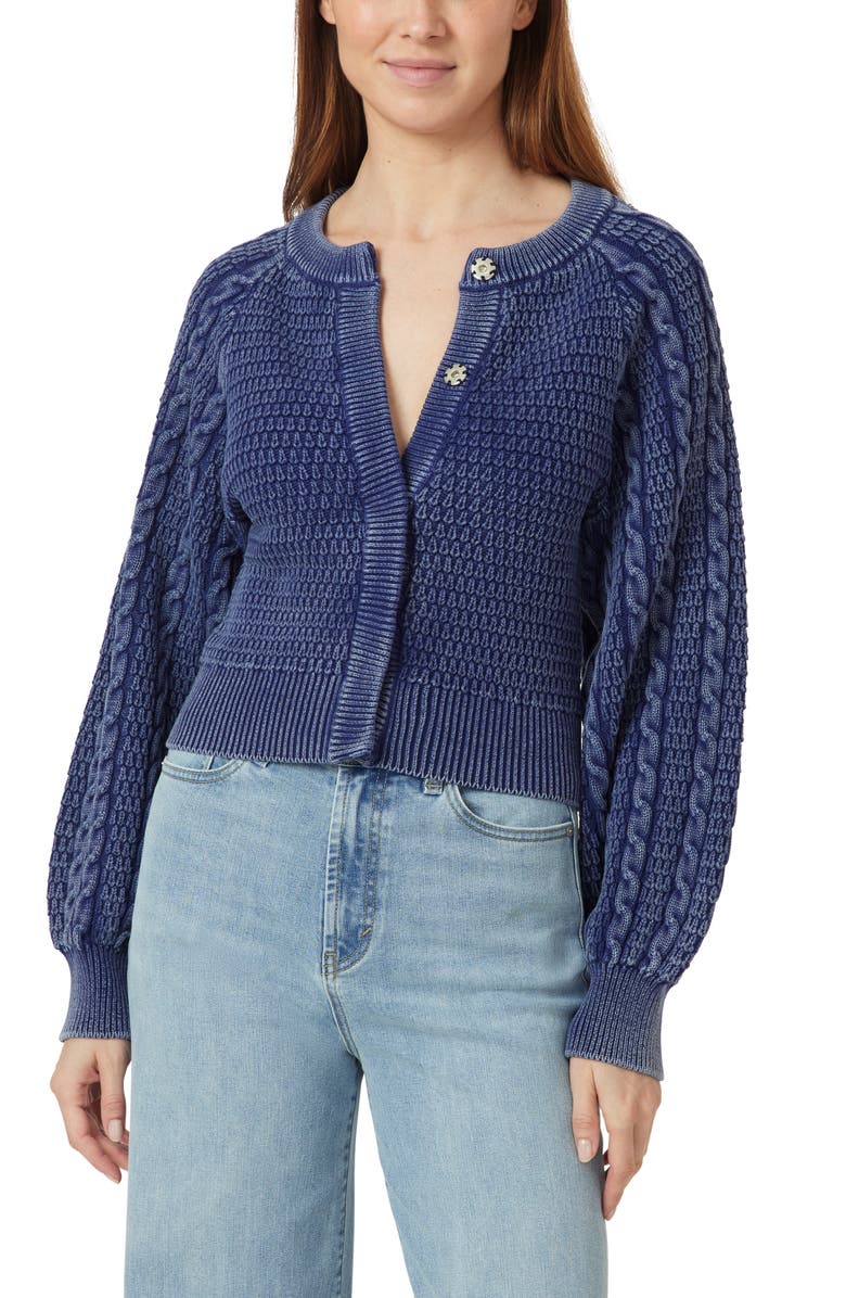 Habitual Washed Cotton Blend Cable Cardigan, Alternate, color, Indigo Blue