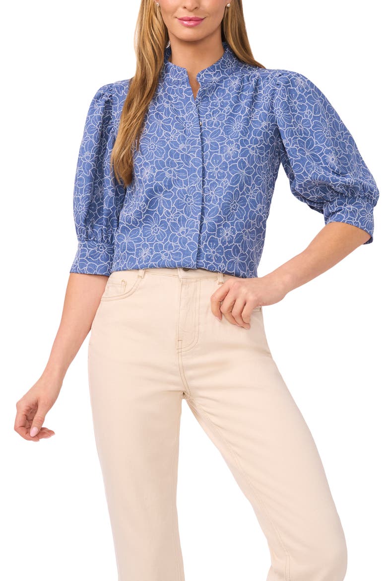 Daisy Puff Sleeve Chambray Button-Up Shirt, Main, color, CLASSIC NAVY