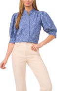 CeCe Daisy Puff Sleeve Chambray Button-Up Shirt