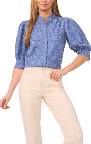 CeCe Daisy Puff Sleeve Chambray Button-Up Shirt