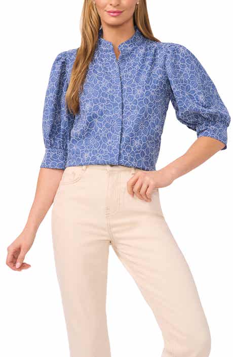 CeCe Daisy Puff Sleeve Chambray Button-Up Shirt