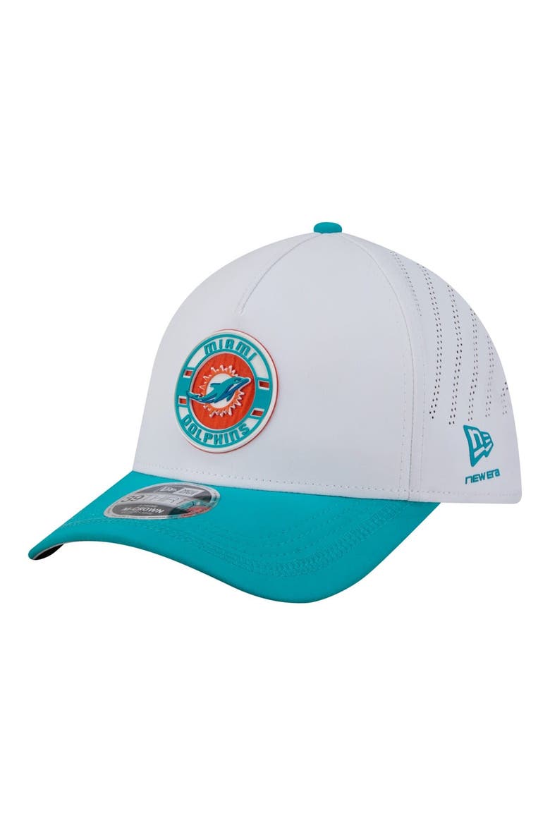 Men's New Era White/Aqua Miami Dolphins Patch 39THIRTY A-Frame M-Crown Perforated Flex Hat, Main, color, White