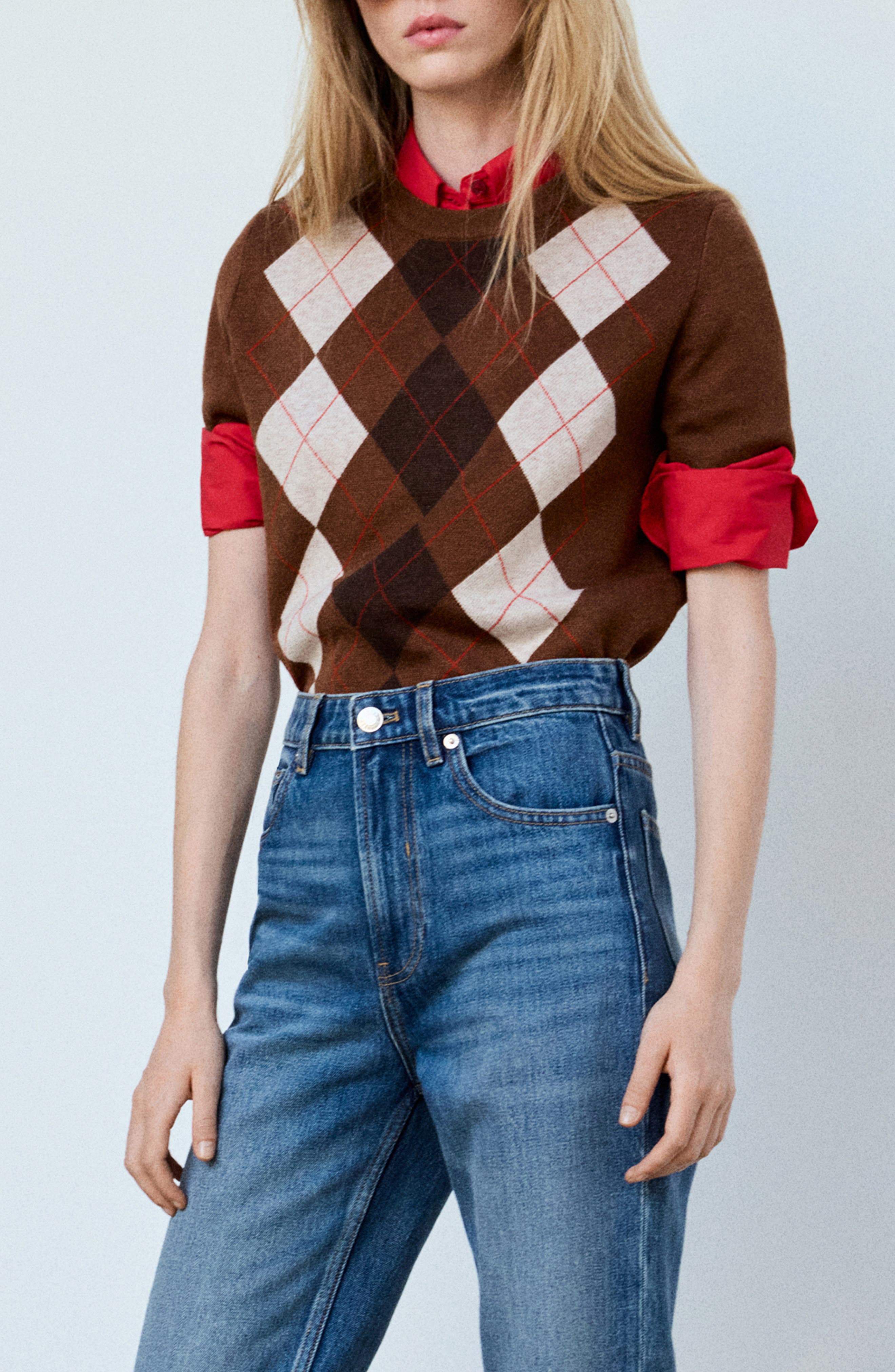 MANGO Argyle Short Sleeve Sweater (Women) | Nordstrom