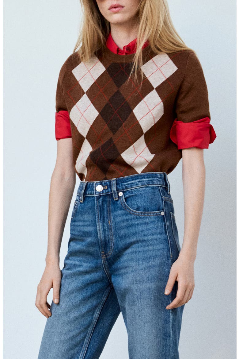 Argyle Short Sleeve Sweater, Main, color, BROWN