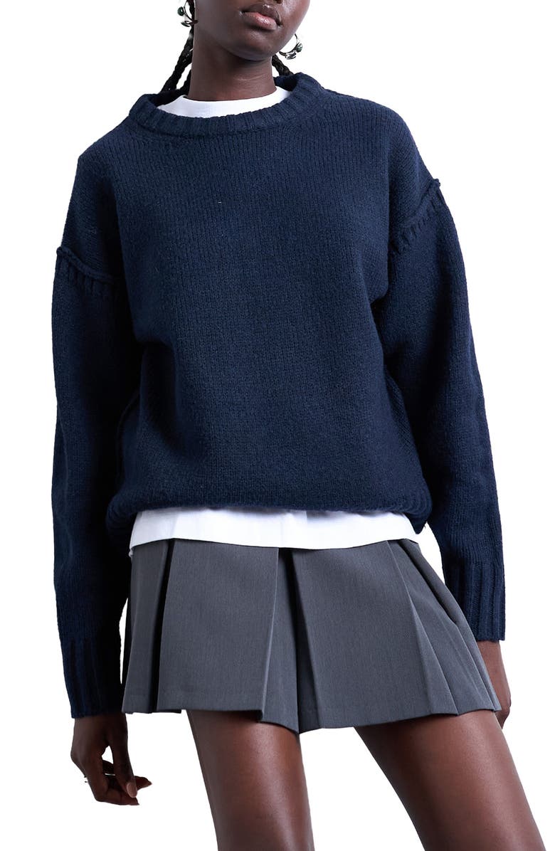 Topshop Exposed Seam Relaxed Fit Sweater, Main, color, Navy