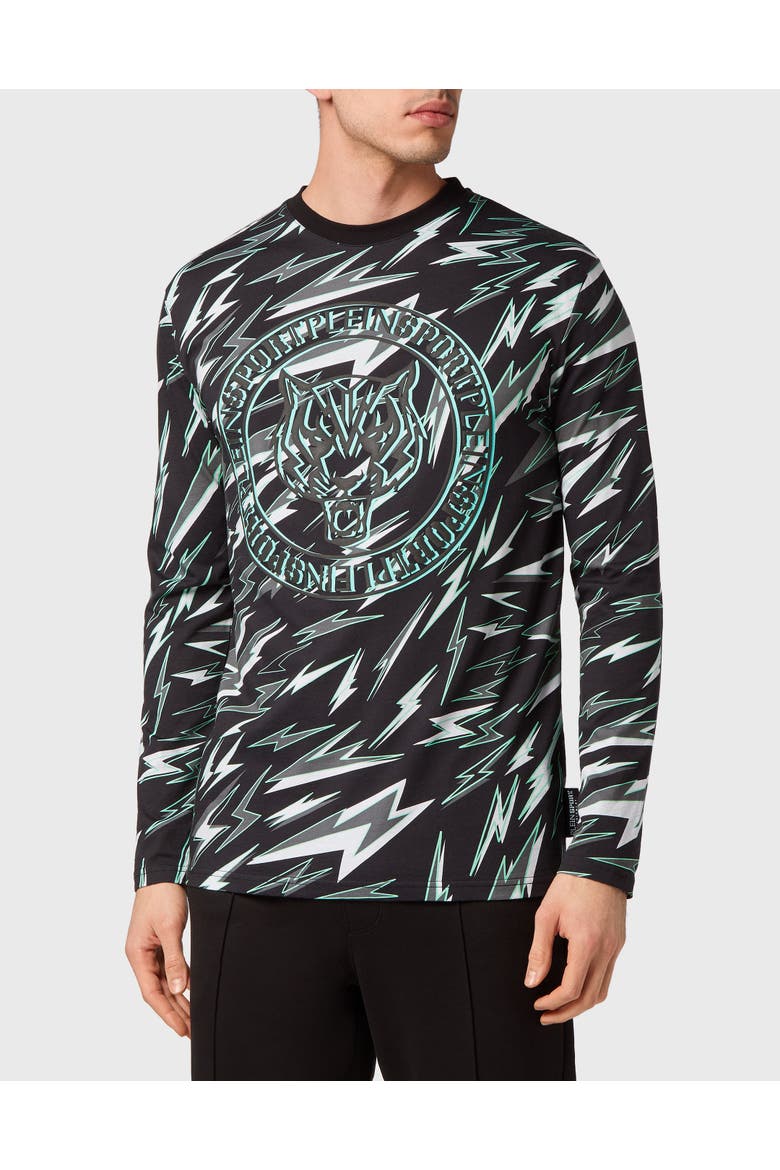 T-Shirt Round Neck Ls Tiger Men, Main, color, Black/Mintgreen