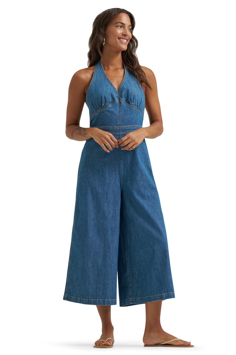 Denim Culotte Halter Jumpsuit, Alternate, color, FOLK REVIVAL