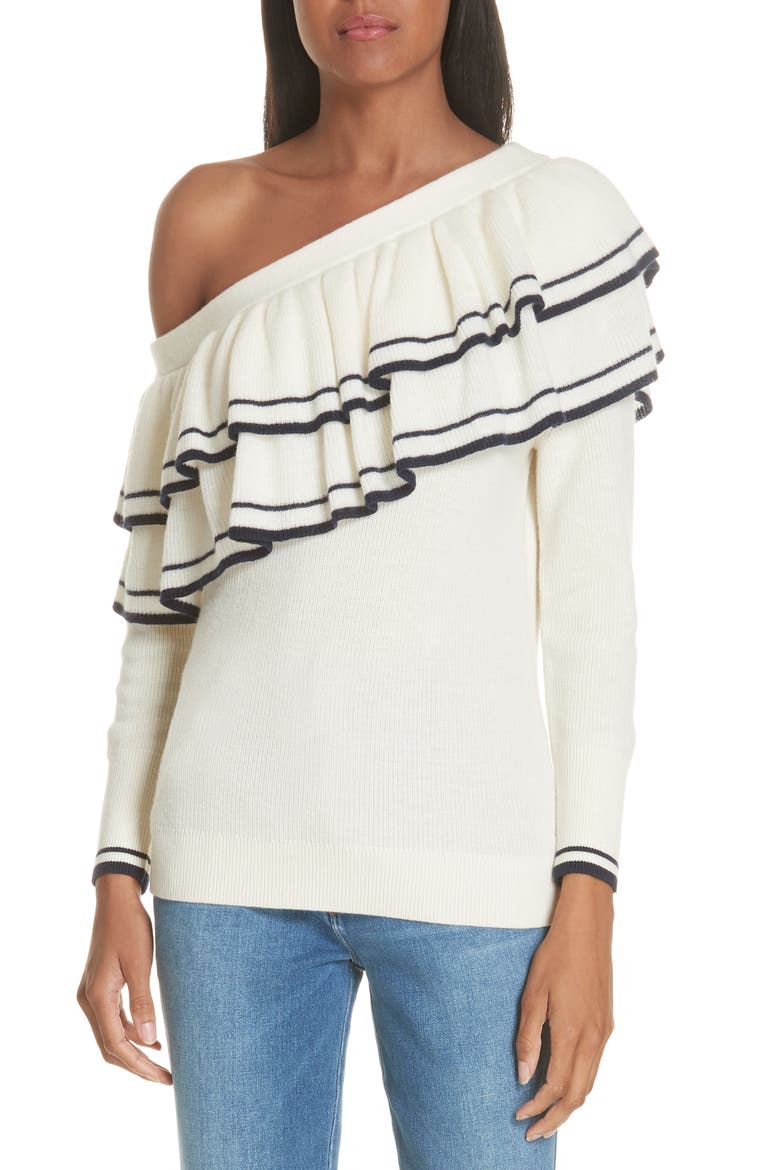 Ruffle One-Shoulder Wool Blend Sweater, Main, color, OFF WHITE MULTI