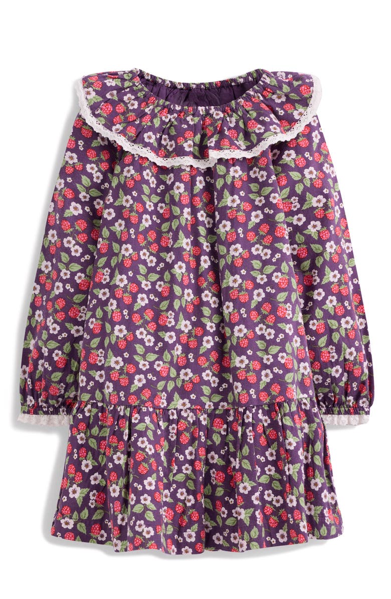 Mini Boden Kids' Berry Print Long Sleeve Cotton Ruffle Collar Dress, Main, color, Purple Vintage Berry