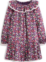 Mini Boden Kids' Berry Print Long Sleeve Cotton Ruffle Collar Dress