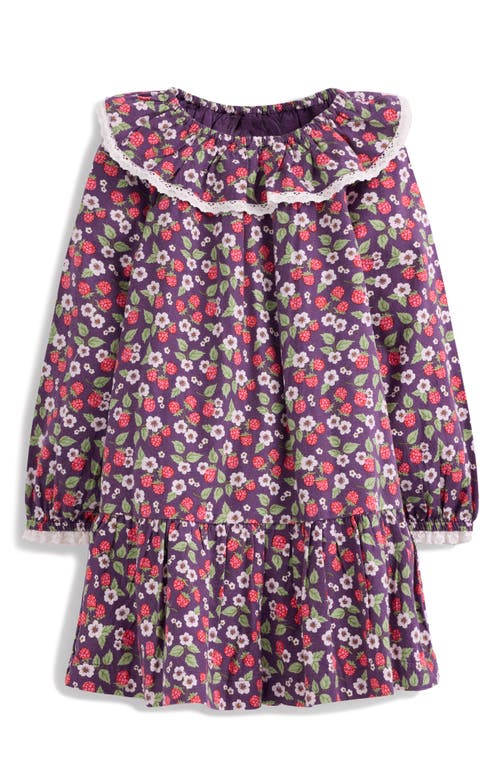 Mini Boden Kids' Berry Print Long Sleeve Cotton Ruffle Collar Dress In Pink