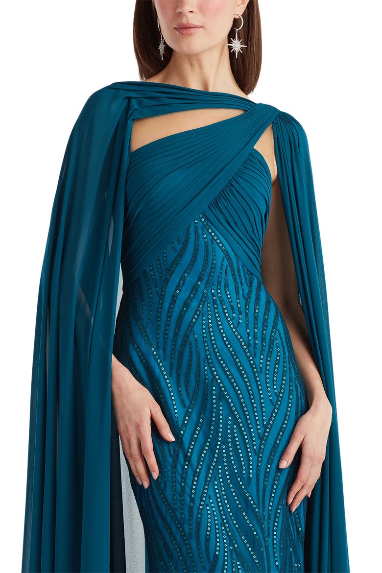 Sequin Pleat Cape Gown, Alternate, color, STARRY NIGHT
