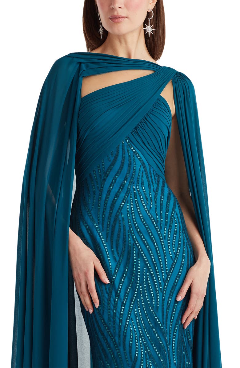 Tadashi Shoji Sequin Pleat Cape Gown, Alternate, color, Starry Night