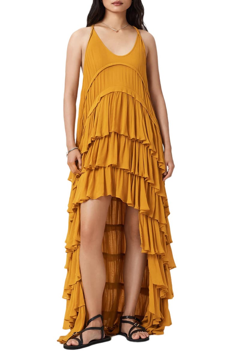 AllSaints Cavarly Tiered Ruffle High-Low Dress, Main, color, Ochre Yellow