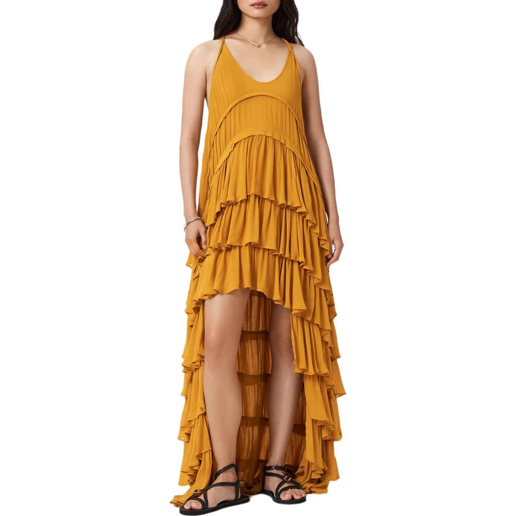 Allsaints Cavarly Tiered Ruffle High-low Dress In Yellow