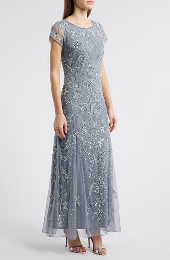 Beaded Mesh Midi Cocktail Dress