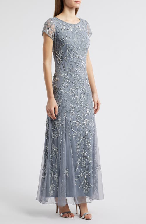 Pisarro Nights Beaded Mesh Midi Cocktail Dress In Soft Blue