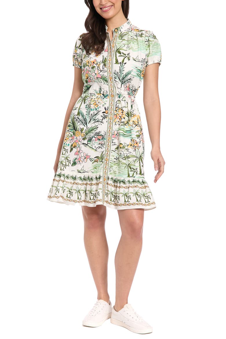 Puff Sleeve Linen Blend Dress, Main, color, CREAM/ SNAP PEA