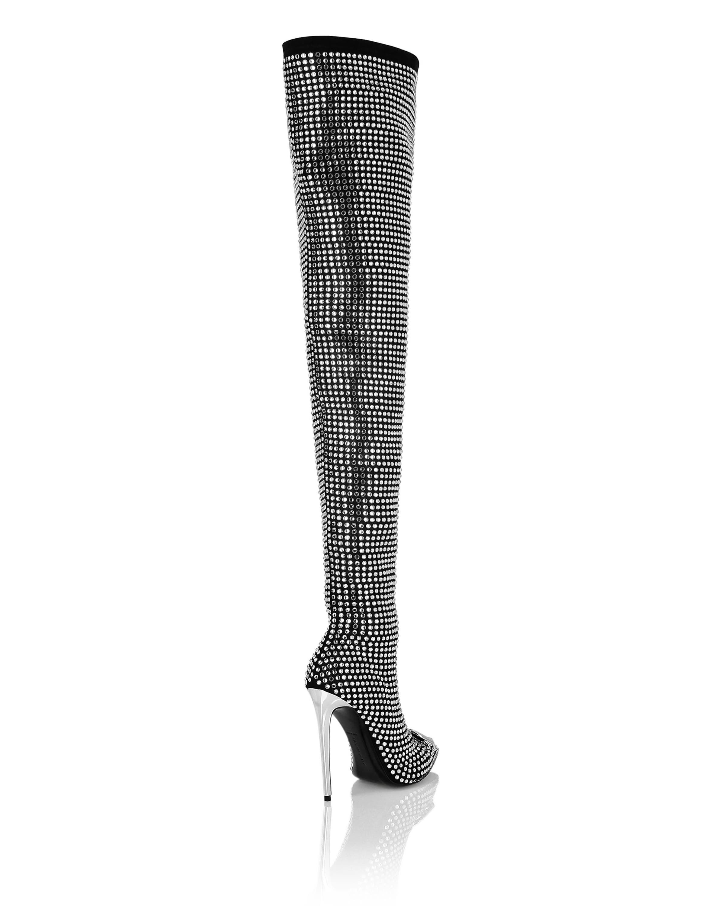 PHILIPP PLEIN Suede Strass Boots Hi-Heels Overknees Gothic Plein Women, Alternate, color, Black/Crystal