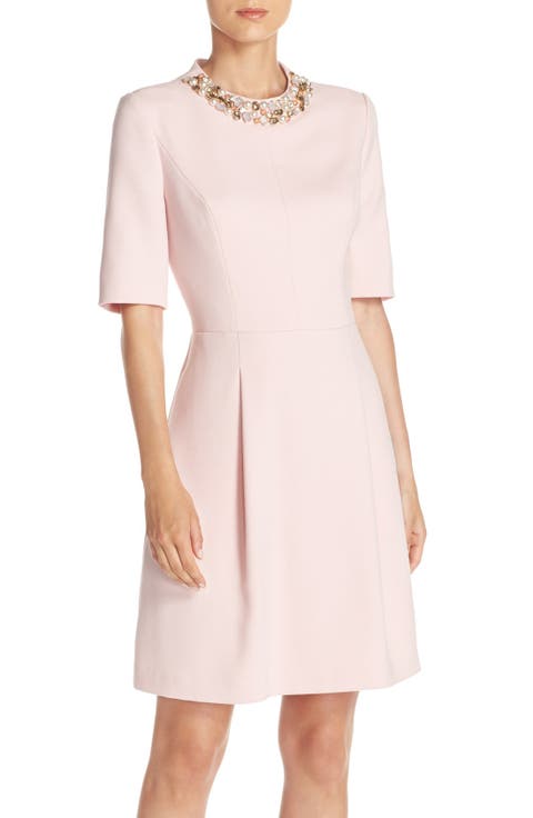 Embellished Double Crepe Fit & Flare Dress
