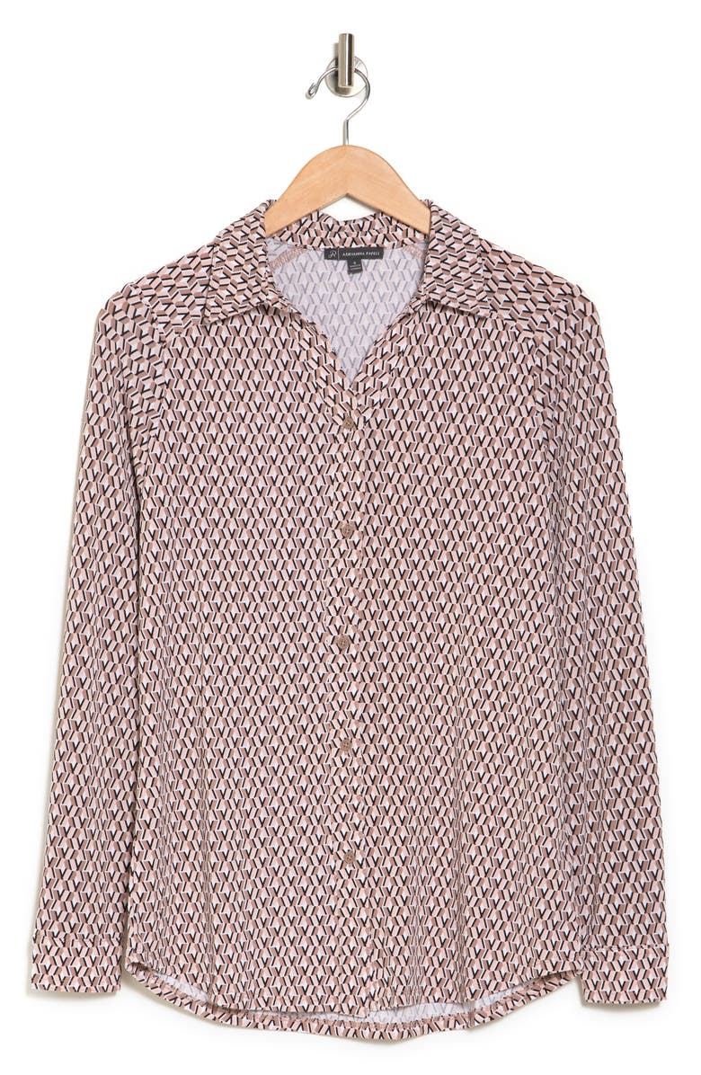 Adrianna Papell Long Sleeve Crepe Button-Up Shirt, Alternate, color, Cocoa Slanted Rectangle Geo