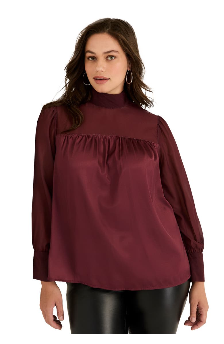 June + Vie Satin Mockneck Blouse, Main, color, Maroon Banner