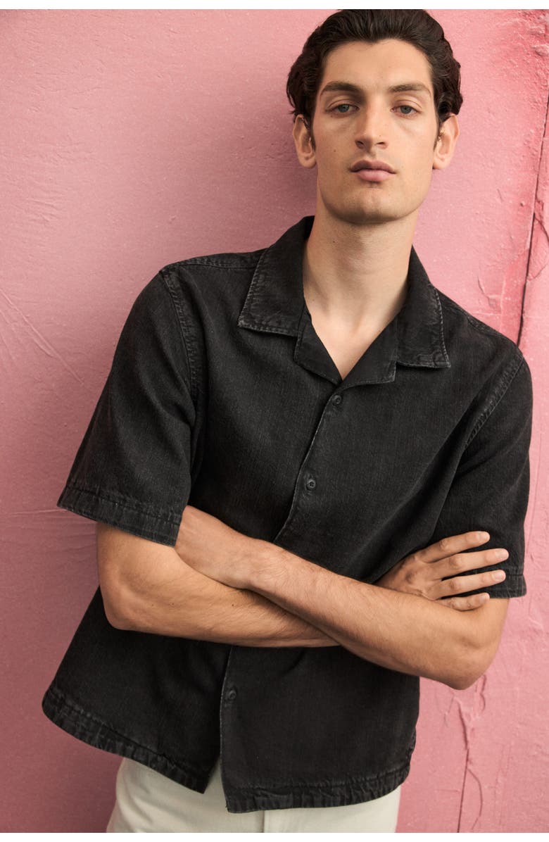 H&M Regular Fit Denim Resort Shirt, Alternate, color, Black