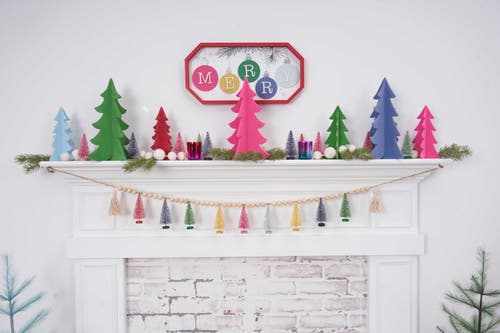 Carol & Frank Flocked Pink Wooden Christmas Tree Set Of 2 Figurines In Pink