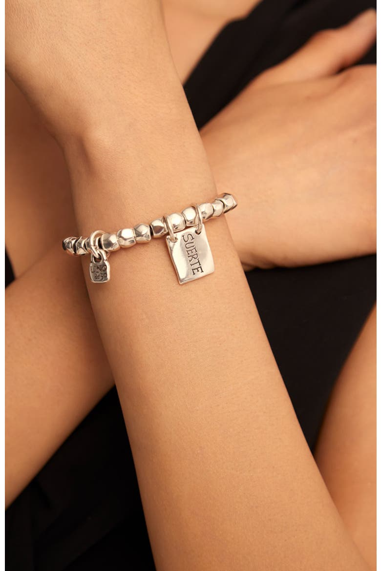 Bead Bracelet with Tubular Piece and Silver-Plated Plate with Message, Alternate, color, Silver