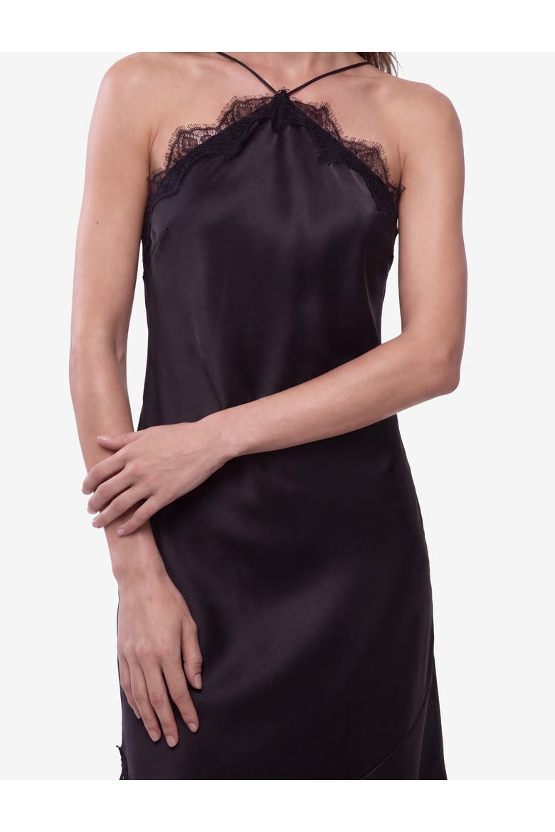 Asymmetric Lace Trim Satin Slip Dress, Alternate, color, BLACK