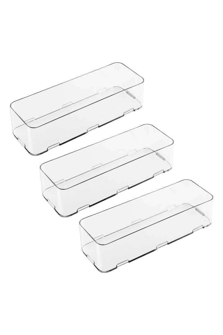 Interlocking Makeup Drawer Organizer, Clear Plastic Bins for Bathroom Vanity, Dresser, or Desk, 3-Pack, Main, color, Clear