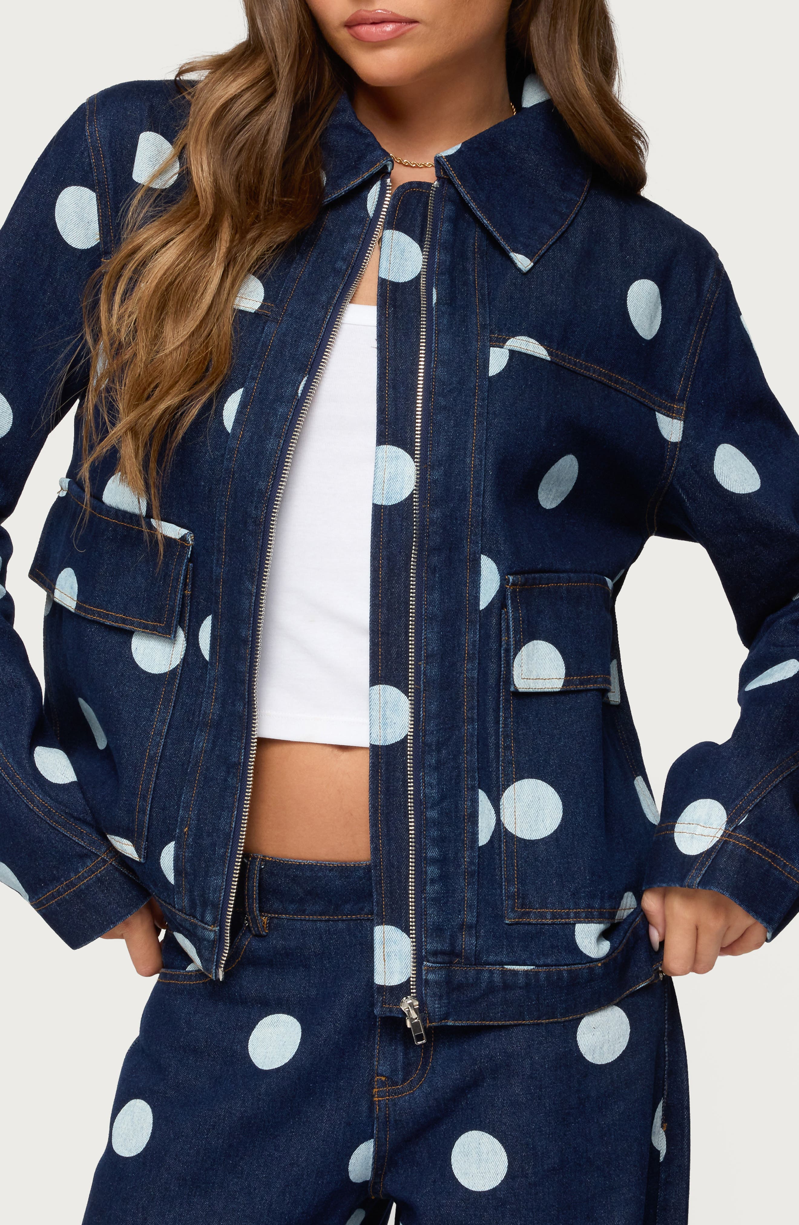 Edikted Leyah Polka Dot Oversized Denim Jacket In Blue