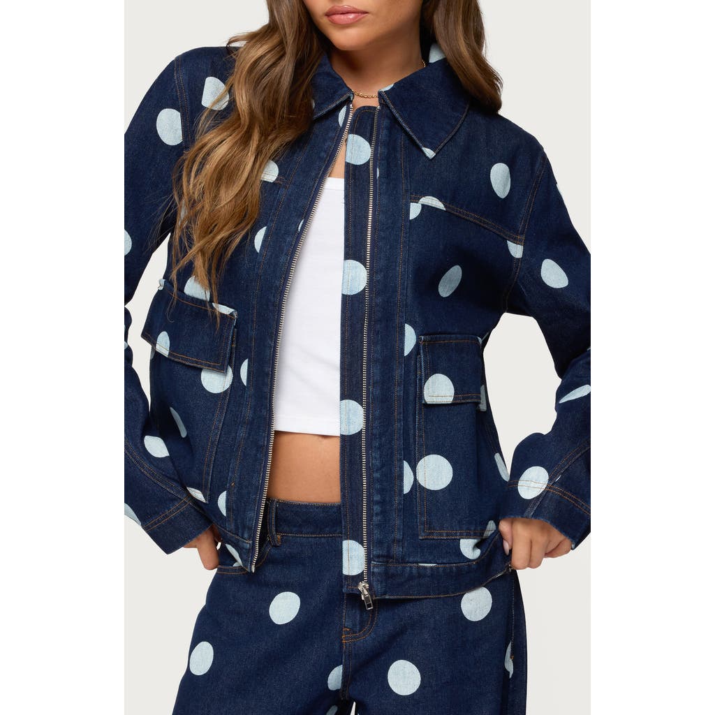 Edikted Leyah Polka Dot Oversize Denim Jacket In Blue