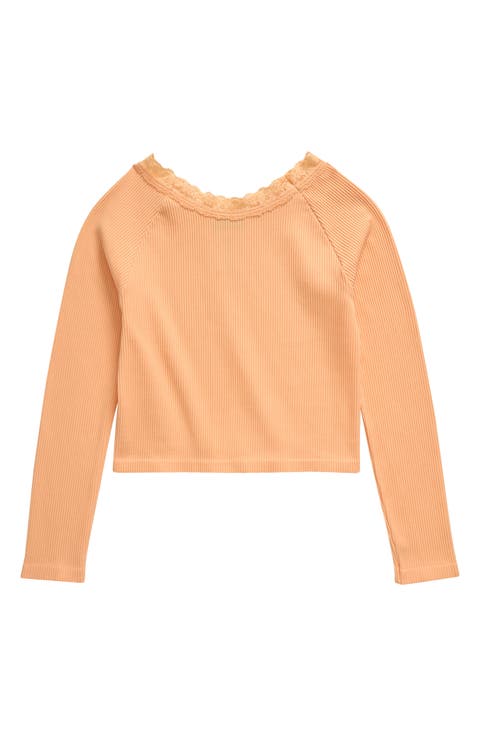 Kids' Lace Neck Long Sleeve Rib Top (Big Kid)