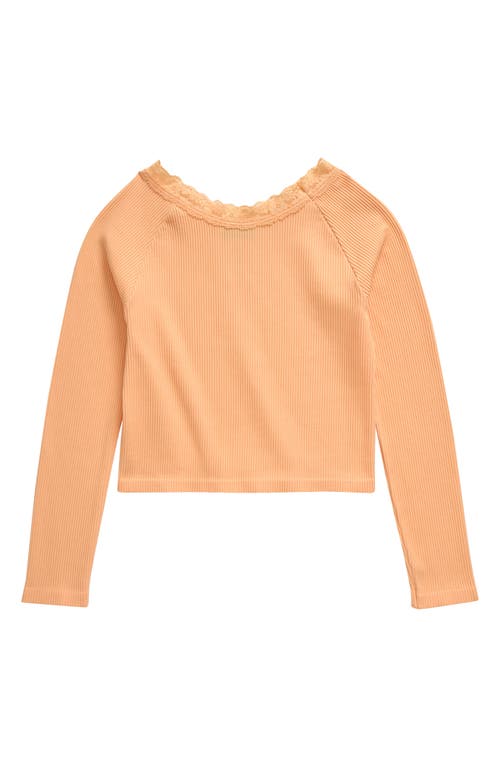 Truce Kids' Lace Neck Long Sleeve Rib Top in Peach 