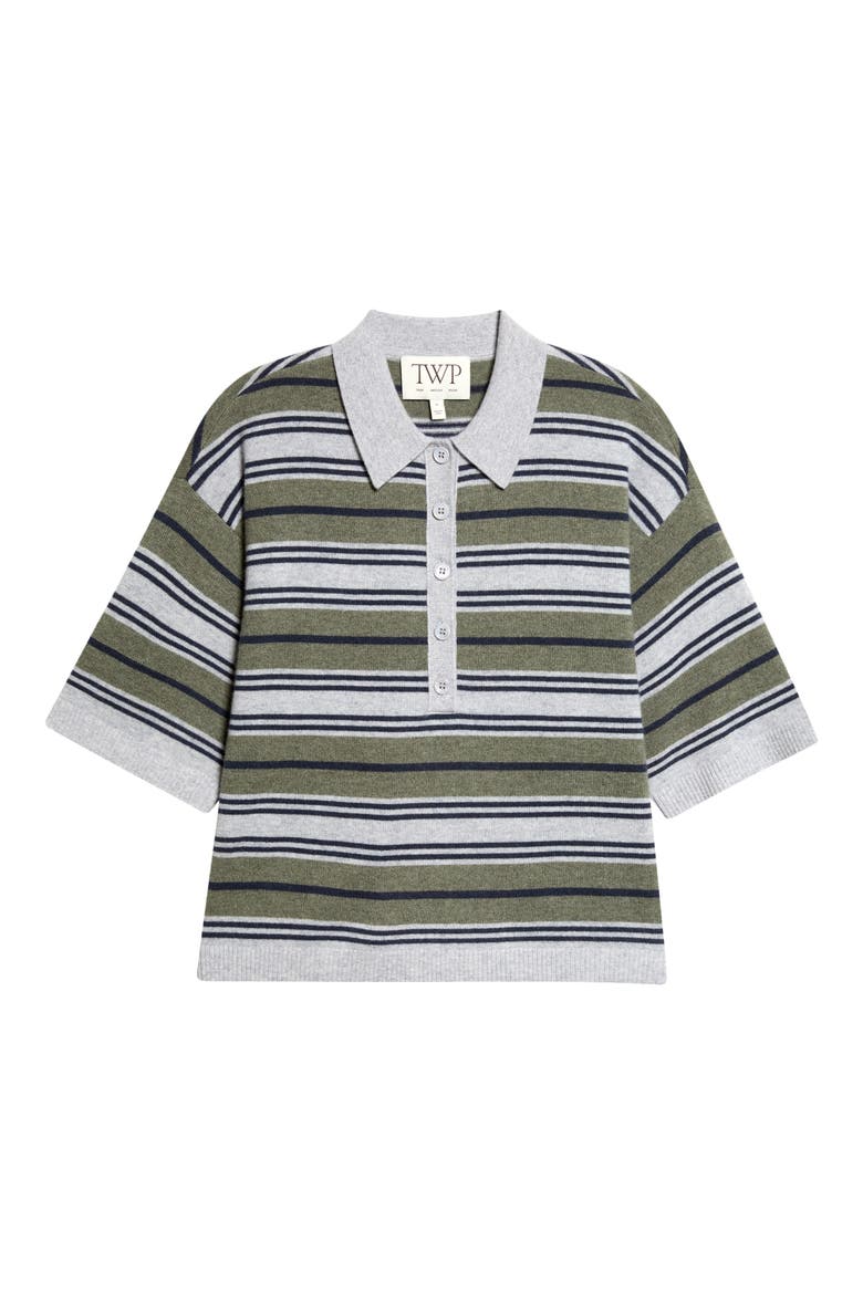 Stripe Half Placket Stretch Wool Polo Sweater, Alternate, color, MOSS / NIGHT SKY