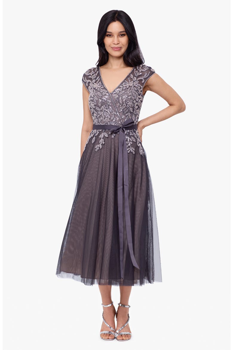 Beaded Fit & Flare Cocktail Dress, Alternate, color, GREY/ BLUSH
