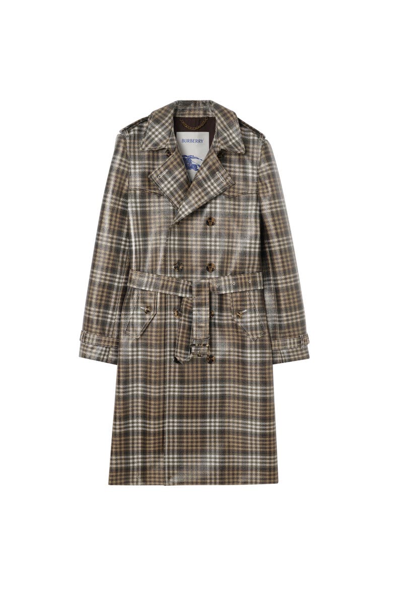 Long Check Coated Raffia-effect Foxfield Trench Coat, Alternate, color, Chalk white/truffle brown