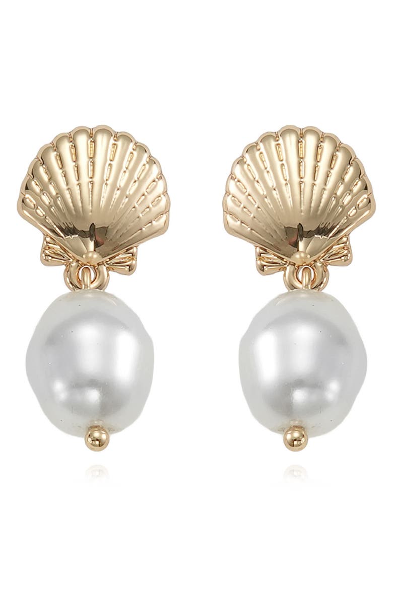 Ettika Shell Faux Pearl Drop Earrings, Alternate, color, Gold