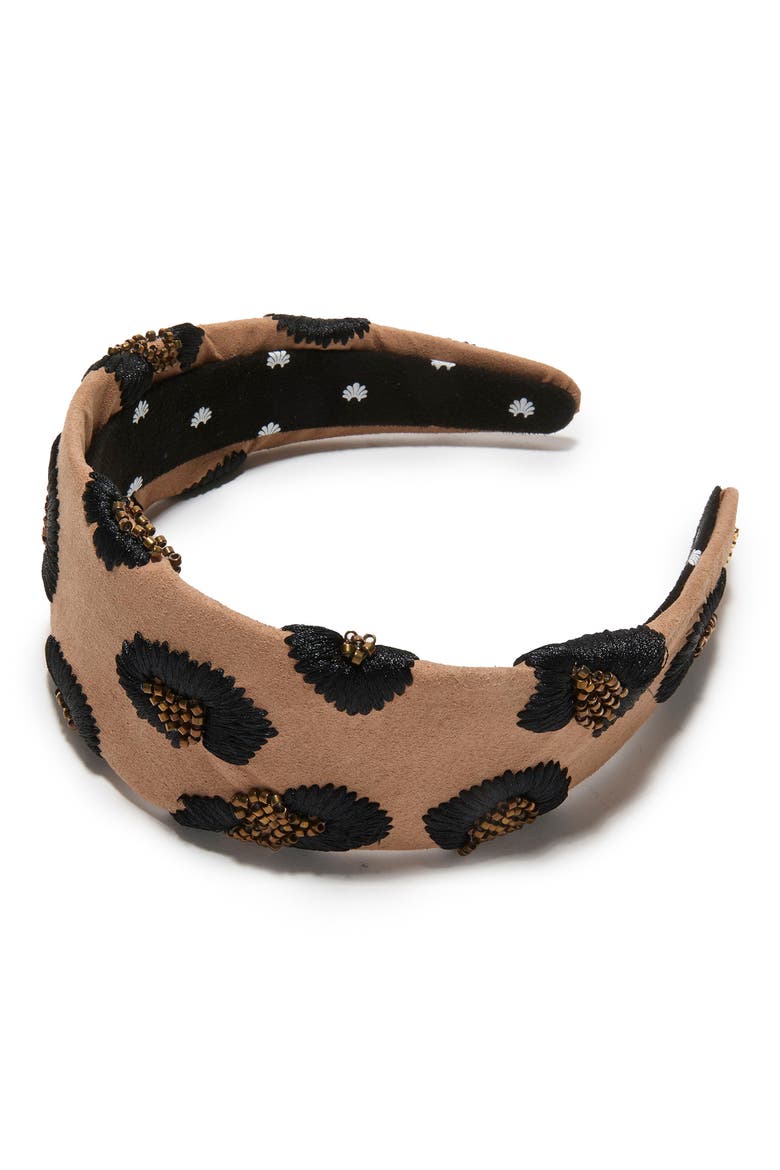 Brigitte Embellished Leopard Faux Suede Headband, Main, color, ESPRESSO