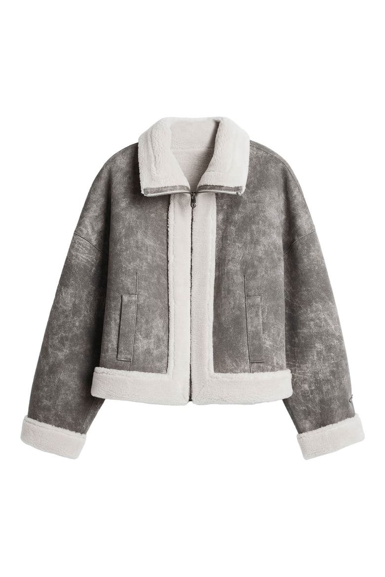 Mixed Media Faux Leather Jacket with Faux Shearling Trim, Alternate, color, BLACK