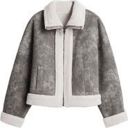 Desigual Mixed Media Faux Leather Jacket with Faux Shearling Trim