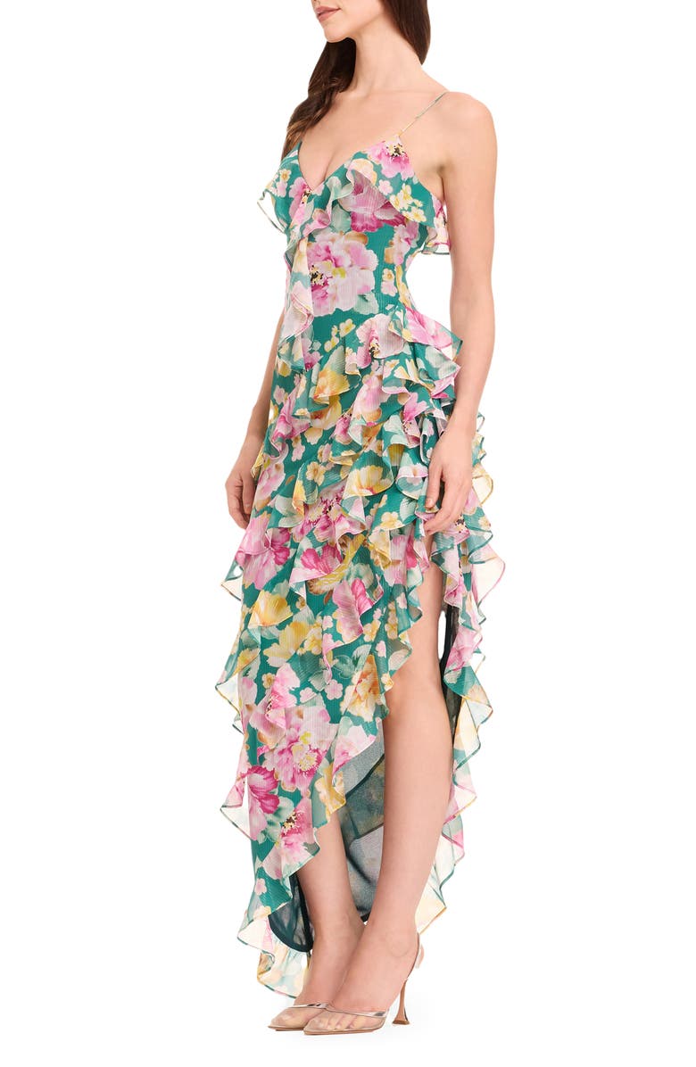 Dress the Population Josefina Metallic Floral Ruffle Detail Gown, Alternate, color, Pine Multi