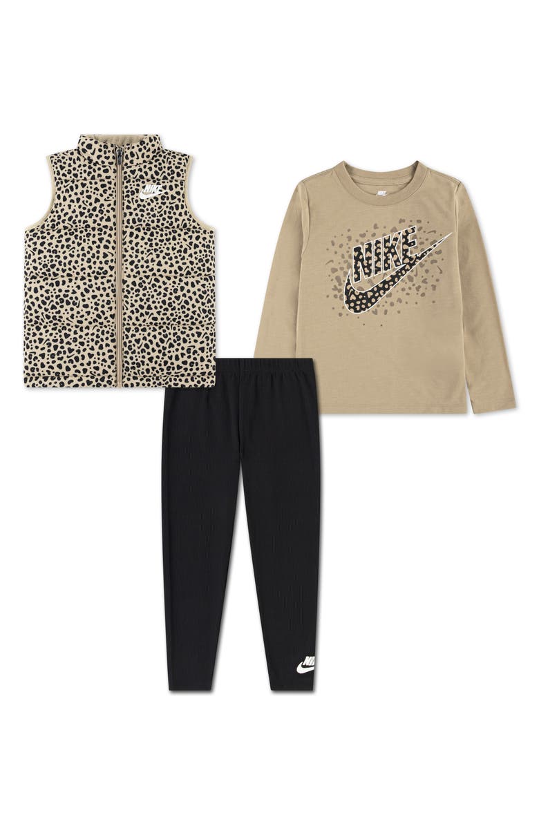 Nike Kids' Wild Warmth Long Sleeve T-Shirt, Quilted Vest & Leggings Set, Main, color, Black
