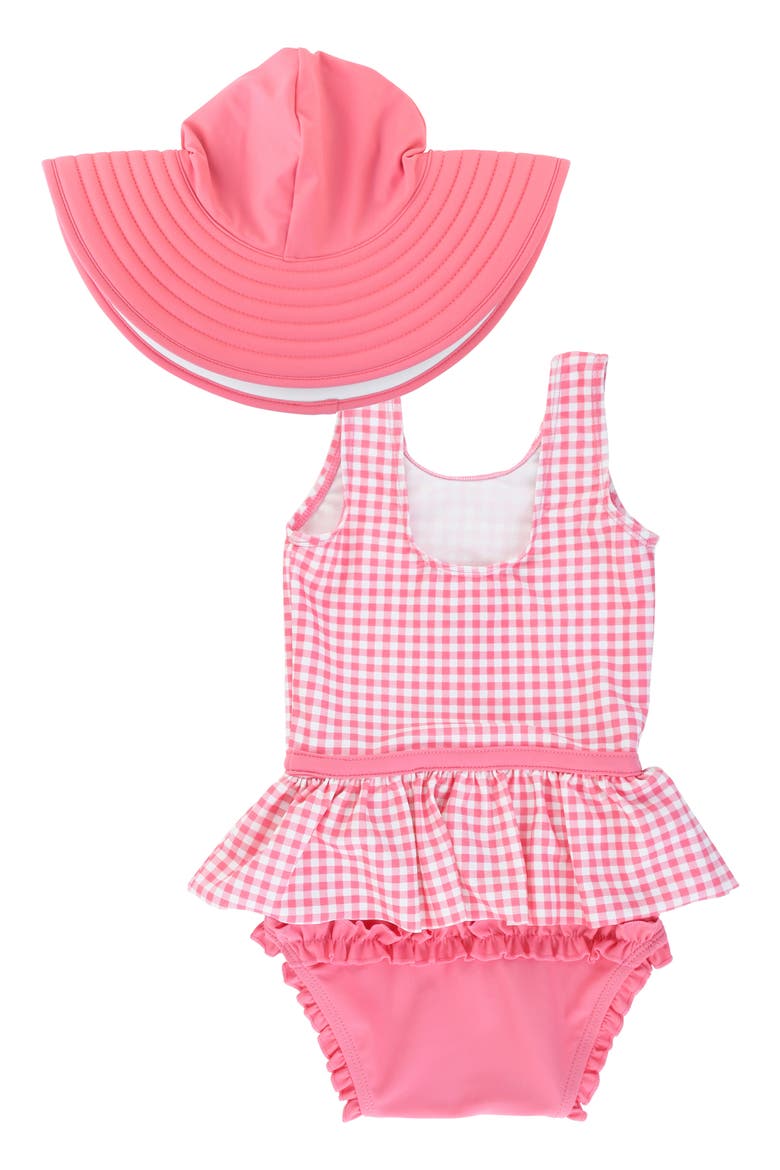 Rose Gingham One-Piece Swimsuit & Floppy Hat Set, Alternate, color, PINK