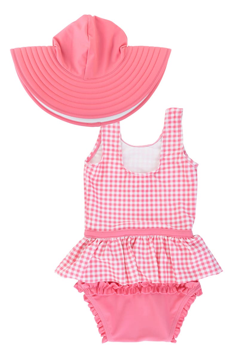 RuffleButts Rose Gingham One-Piece Swimsuit & Floppy Hat Set, Alternate, color, 