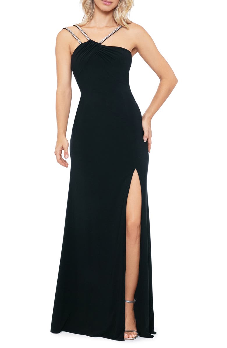 Xscape Evenings Asymmetric Rhinestone Strap Gown, Main, color, 