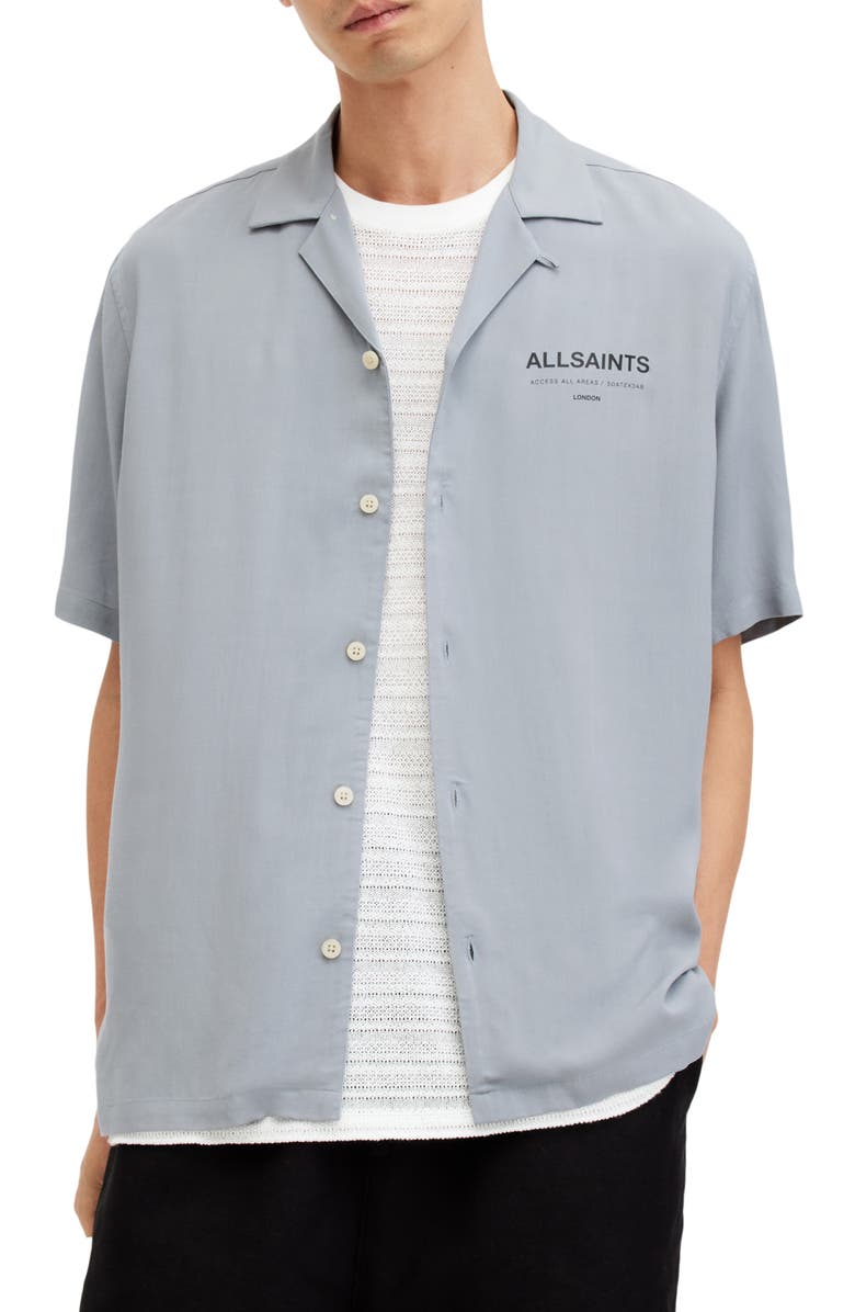 AllSaints Access Short Sleeve Graphic Camp Shirt, Main, color,