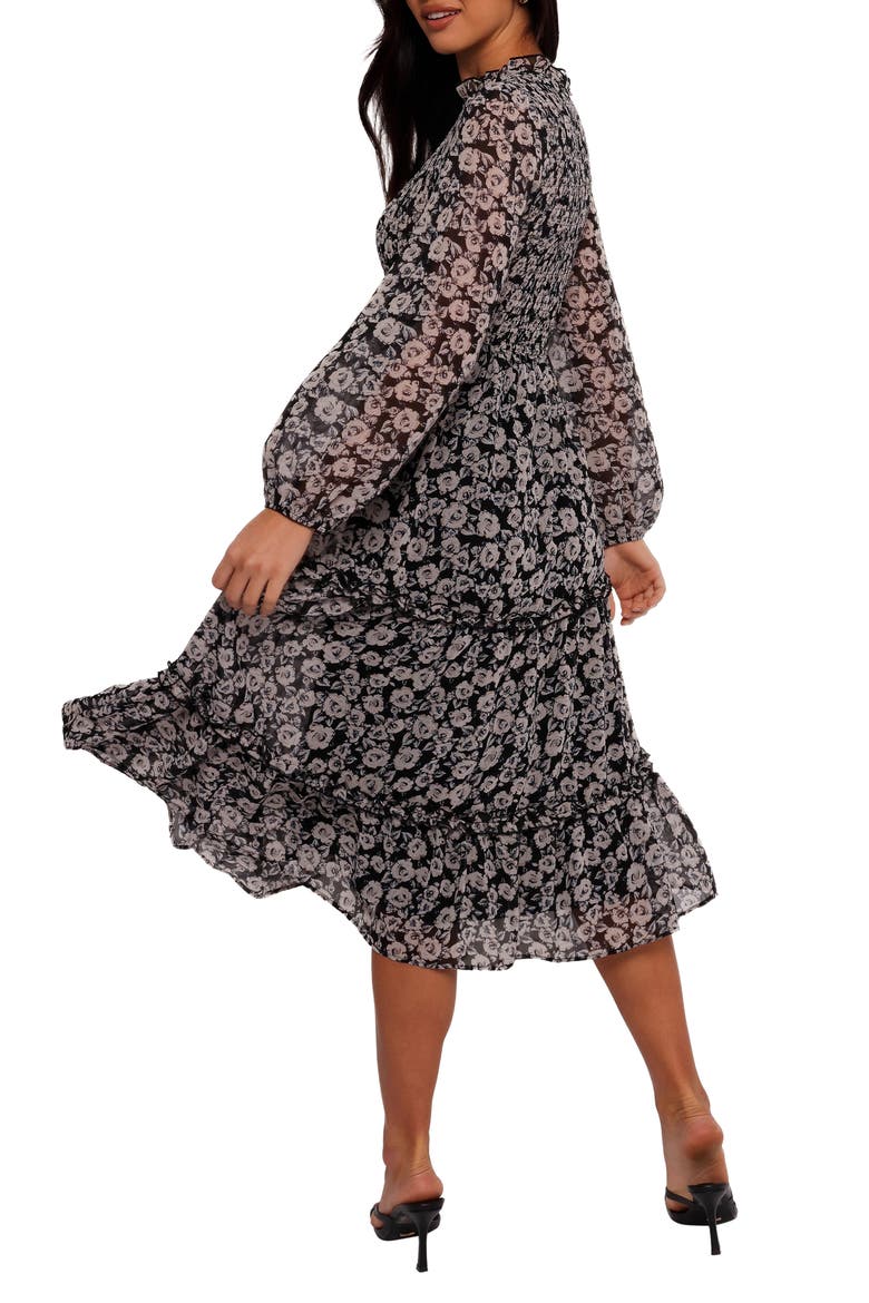 Edwina Floral Long Sleeve Tiered Midi Dress, Alternate, color, BLACK FLORAL