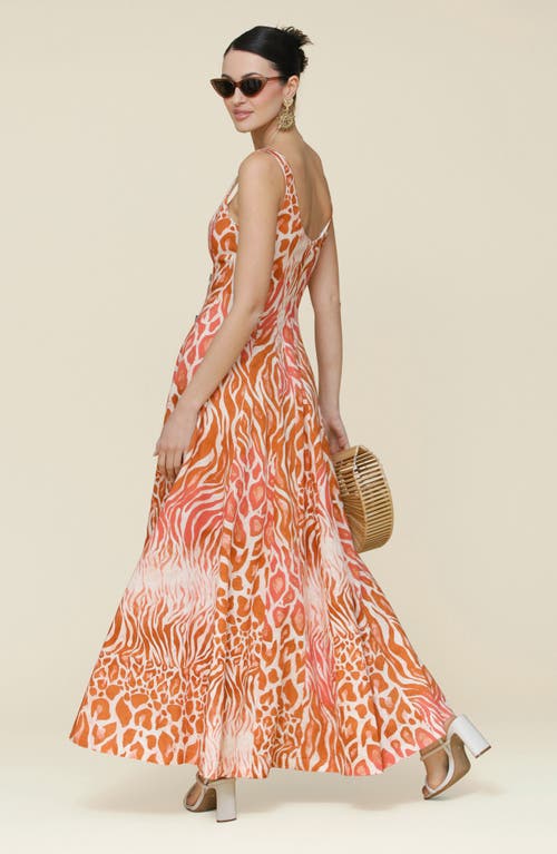 Avec Les Filles Mixed Animal Print Paneled Linen Blend Maxi Dress In Orange